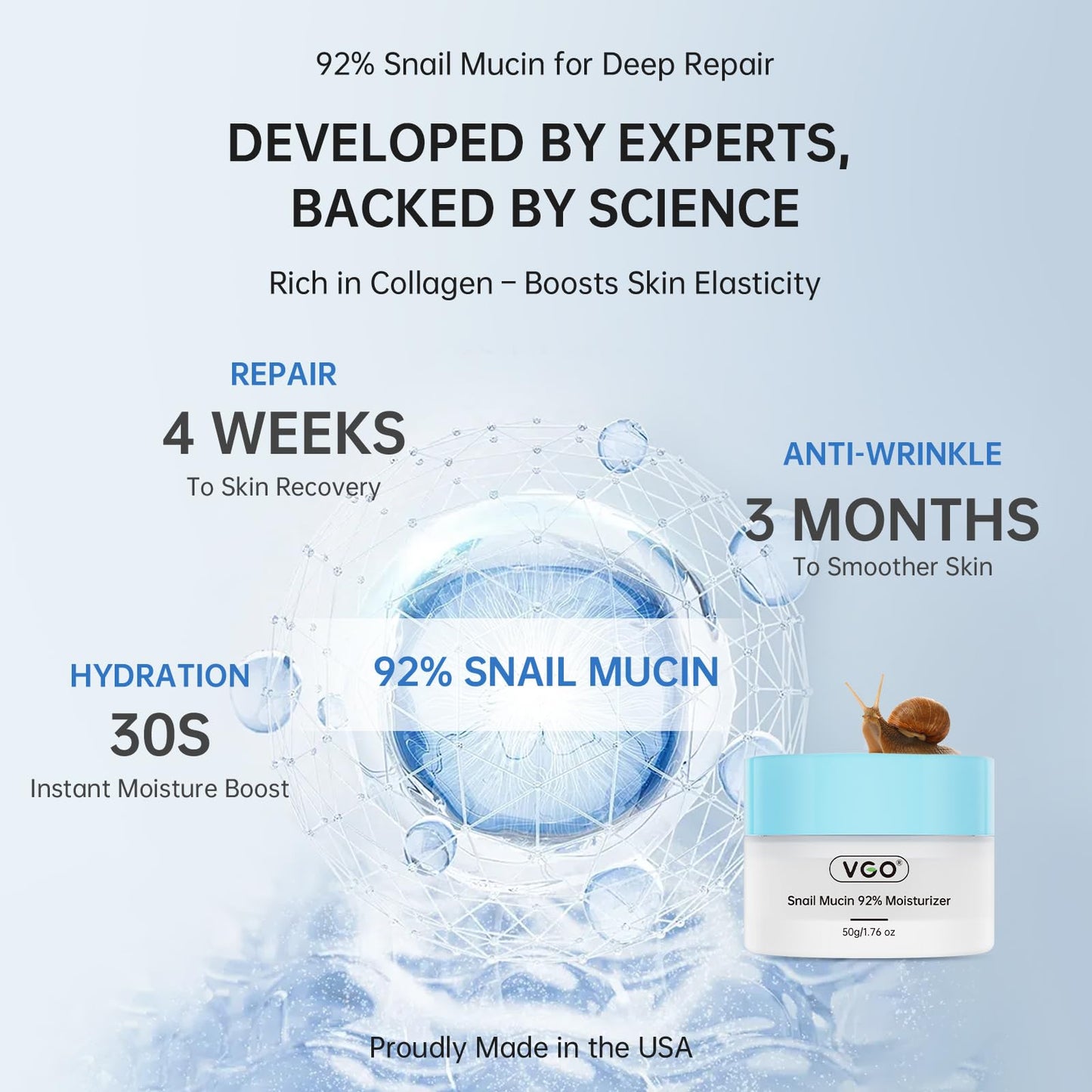 VGO Snail Mucin 92% Face Moisturizer – Anti Aging, Skin Repair & Hydrating Face Cream with Ceramide & Vitamin E, 1.76 oz