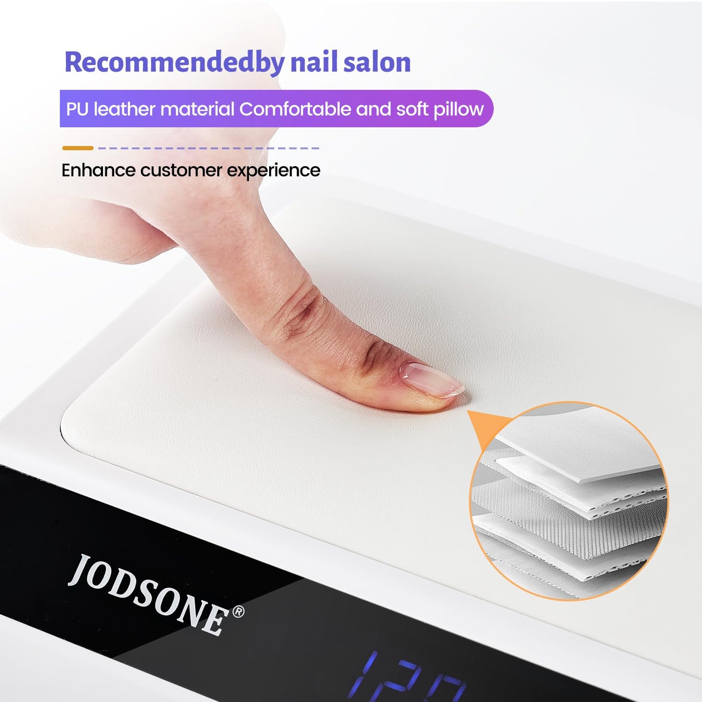 JODSONE Professional Nail Lamp with Hand Pillow for Salon 4 Timers Removable Base Smart Touch Screen Large Space U V Lamp for Gel Polish
