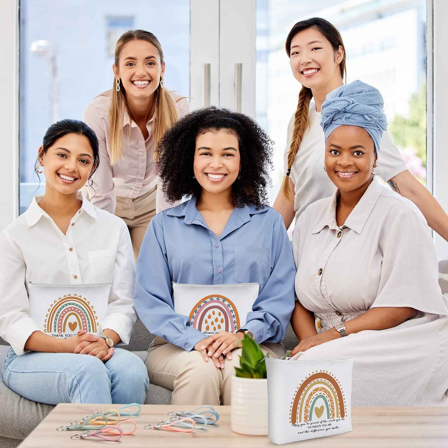 Hillban 60 Pcs Rainbow Canvas Makeup Bags Bulk Christmas Rbt Teacher Appreciation Gifts 30 Cosmetic Bags 30 Inspirational Keychains for Women Teacher Coworker Volunteer Nurse