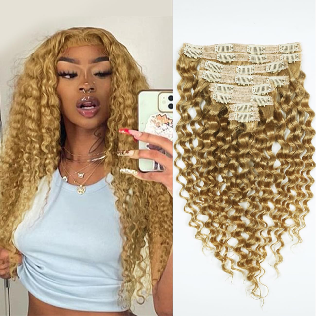 Curly Clip in Hair Extensions Real Human Hair 16inch 100g Invisible & Seamless 100% Brazilian Remy Human Extension Deep Wave Clip ins Extensions Double Weft 8 PCS with 20 Clips #27 Honey Blonde