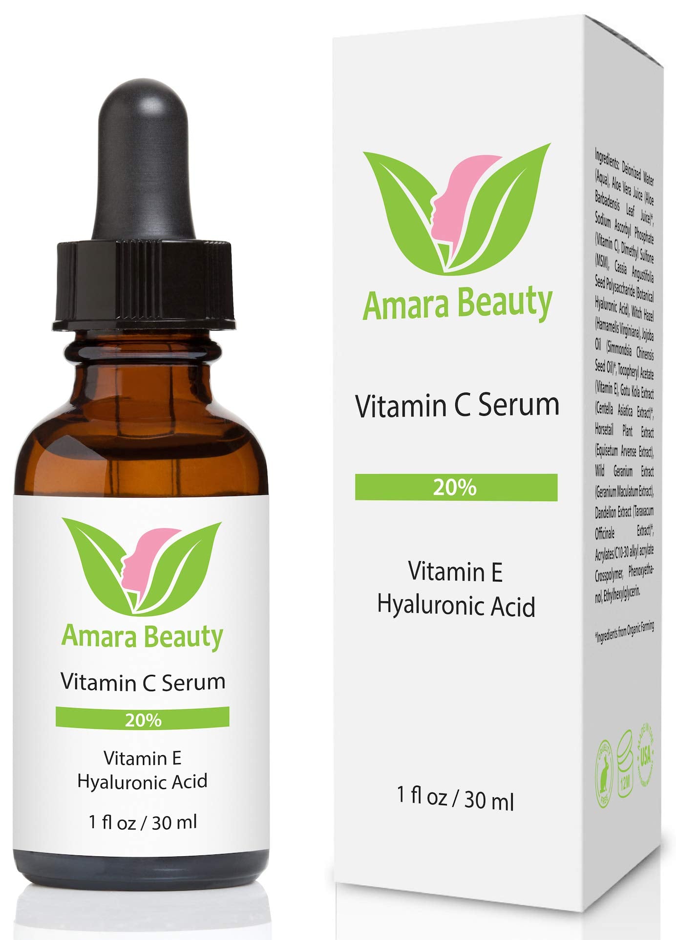 Vitamin C Serum for Face 20% with Hyaluronic Acid & Vitamin E, 1 fl. oz. (Pack of 2)