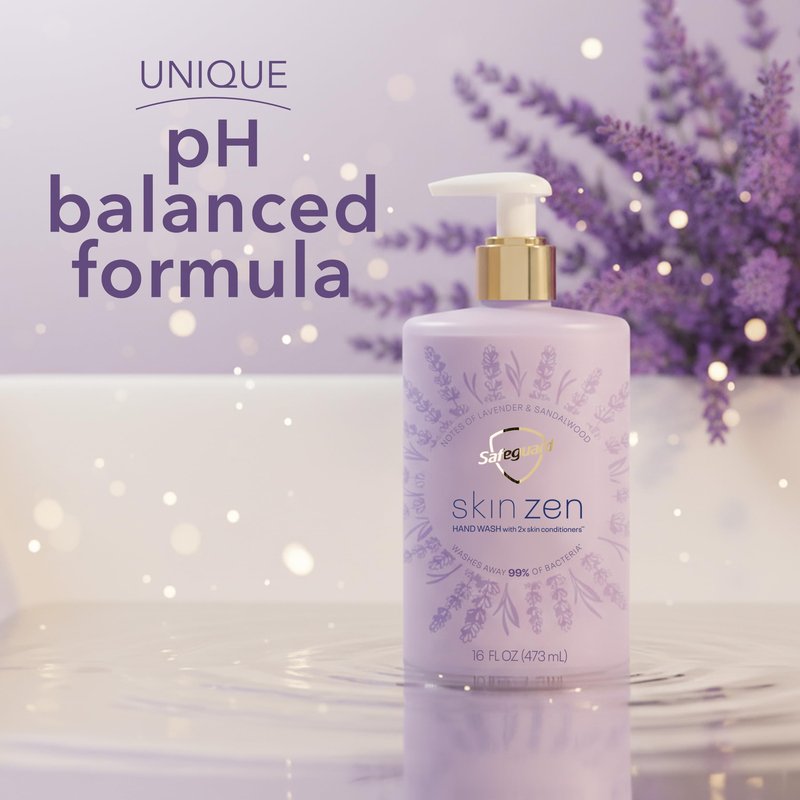 Safeguard Liquid Hand Soap, Skin Zen, Washes Away 99% Bacteria, Made with Natural Moisturizers & 2X Skin Conditioners, Safeguarding Families, PH Balanced Formula, Lavender & Sandalwood Scent, 16 oz