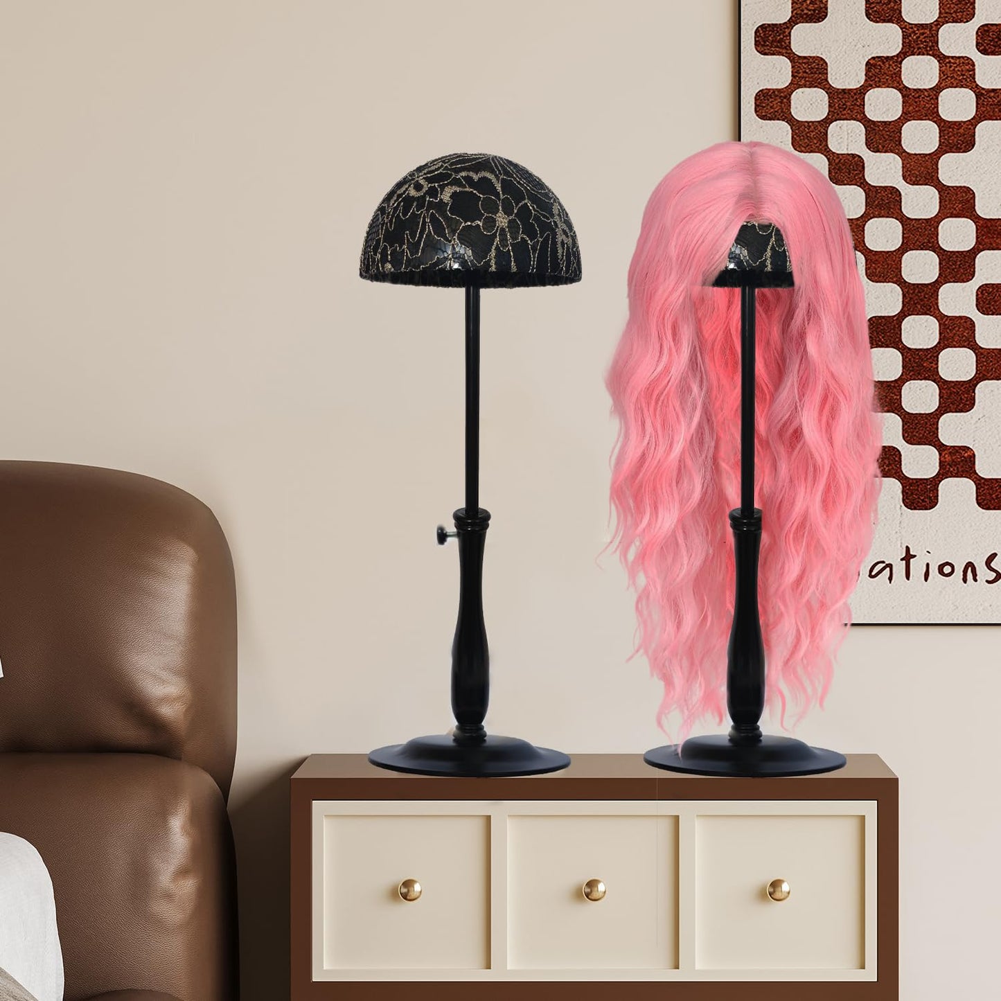 WiZiWi Wig Stand 1PC Iron Base Adjustable Height (12.6-18.5Inch) Wig Head Stands Portable Non-Slip Sturdy Wig Holder Stands Travel Wig Stand for All Wigs(Black)