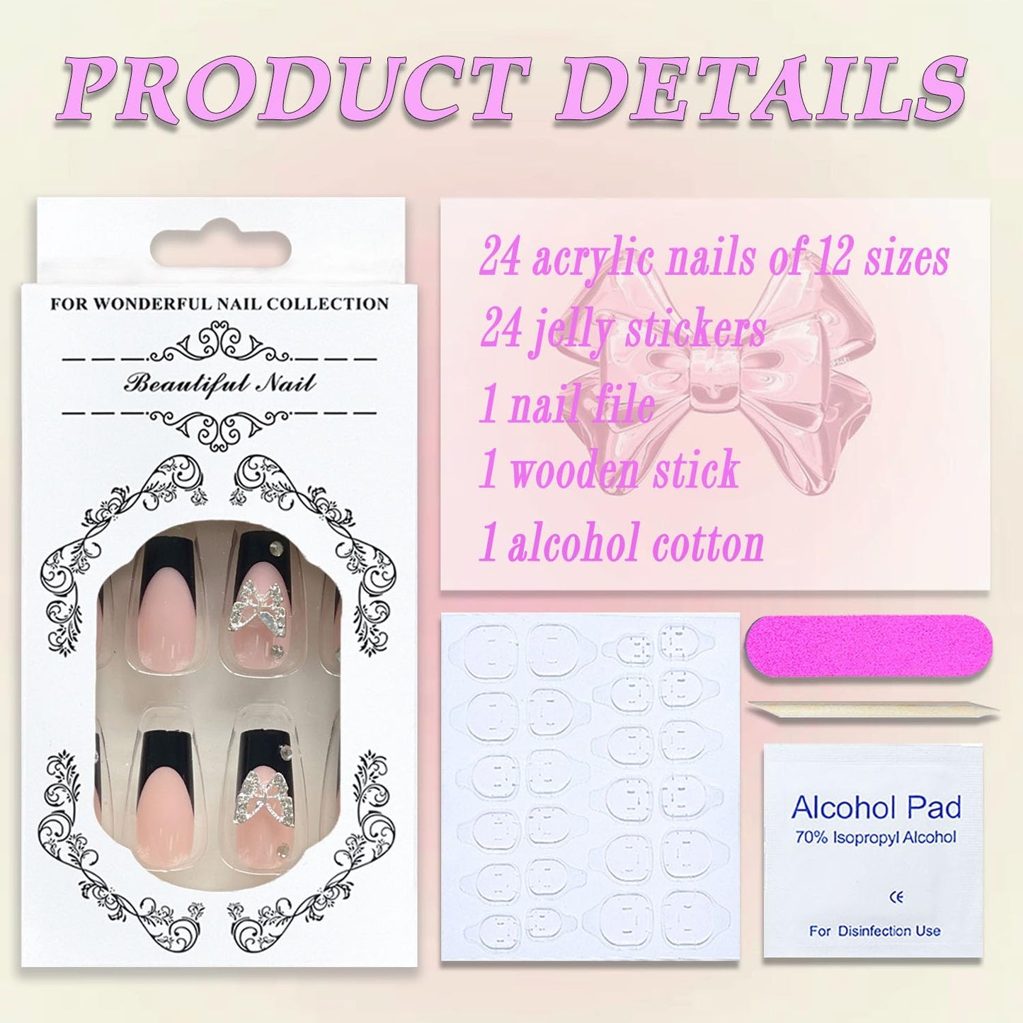 MABKJLF White French Tip Fake Nails - Square, Glossy Acrylic Nails with Butterfly Rhinestones Designs - 24 Pcs