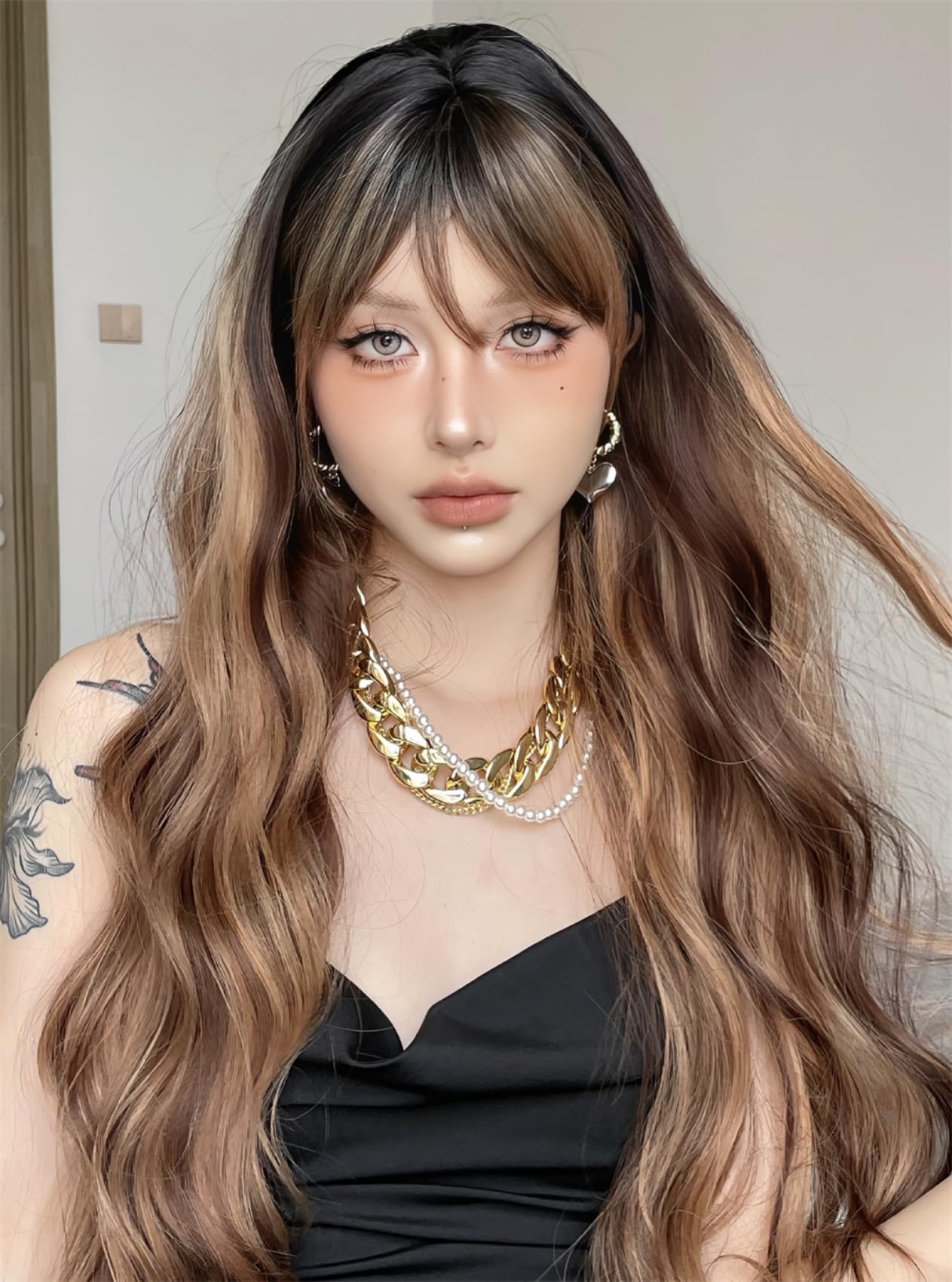 Aadesso Rust Brown Long Straight Wig 65cm Blunt Bangs Daily Synthetic Hair for Women East Asian Fashion K-pop Style Warm Earthy Heat Resistant wig cap (25.6 Inch)