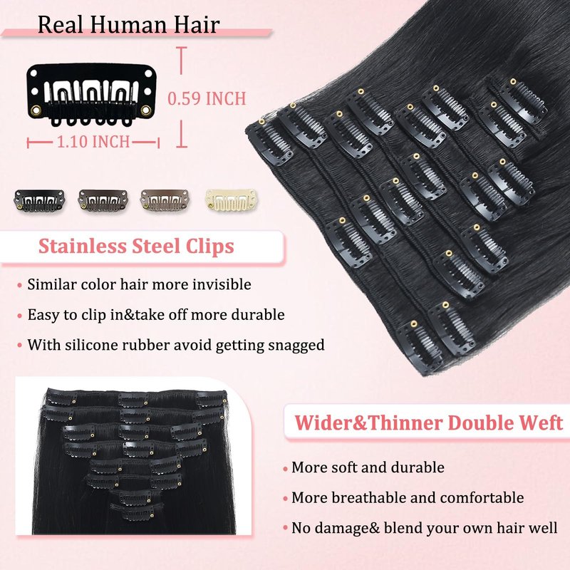 Clip in Hair Extensions Real Human Hair Clip in Extensions for Women Seamless Invisible Jet Black Natural Remy 100% Human Clips ins Extension 8pcs Double Weft 16 inch 3.2oz/90g
