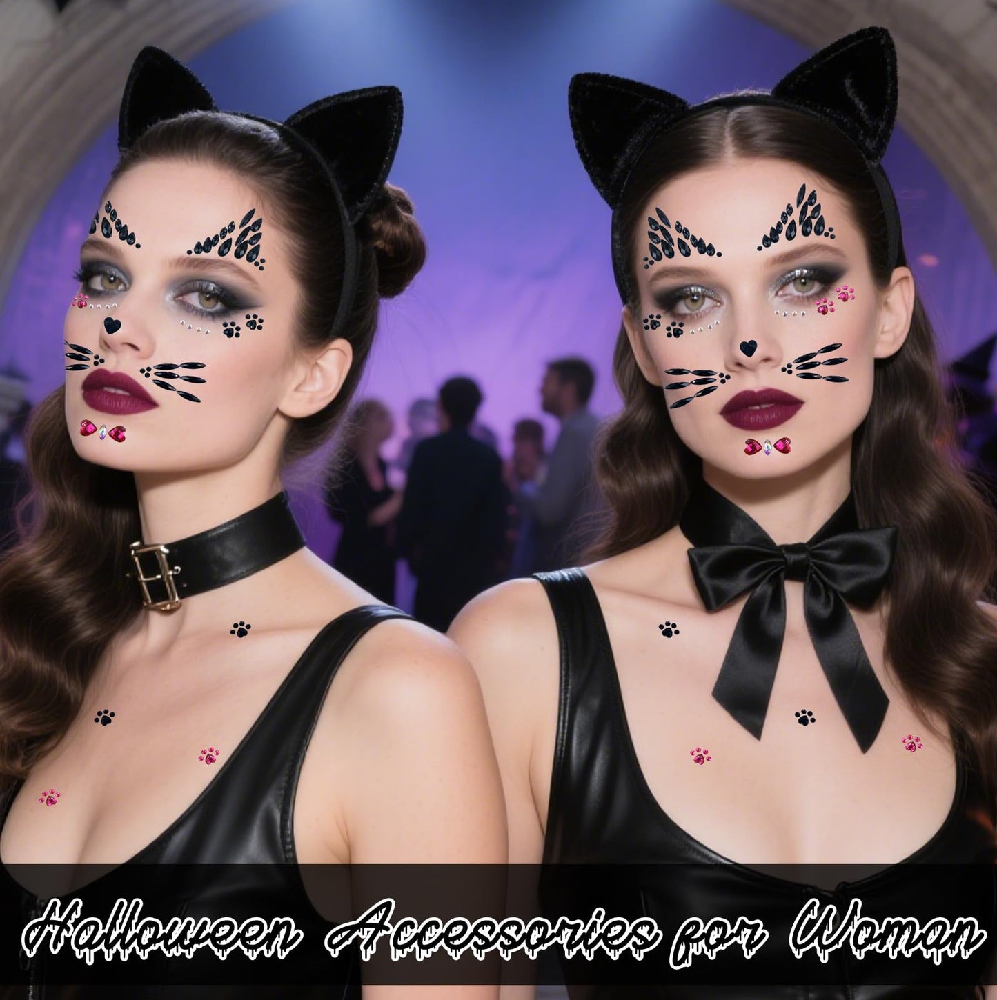 Voiiake Crystal Cat Face Gems Stickers, 2-Sheet Cat Print Gem Jewels, Black Cat Costume Women Accessories for Halloween Makeup