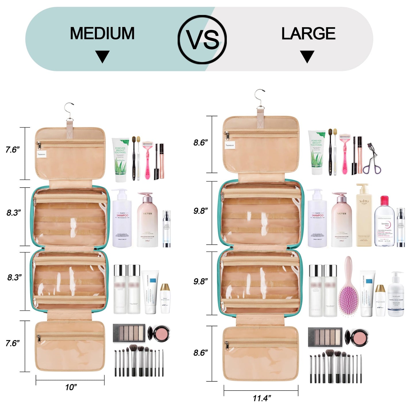 COOSKY Travel Hanging Toiletry Bag for Women, Large Makeup Bag 8 Leak Proofing Silicone Bottle Covers, Waterproof Cosmetic Bag with Jewelry Organizer Compartment, Toiletries Kit Set, Blue