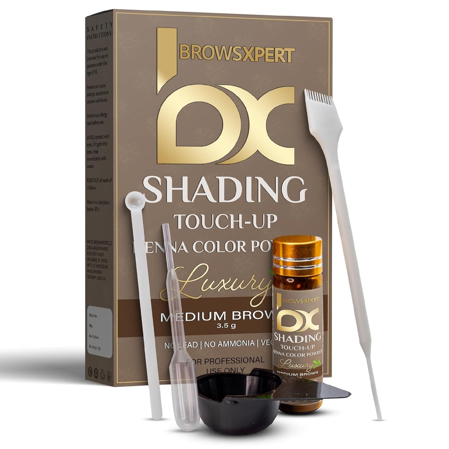 BROWSXPERT Professional Shading Touch-Up Kit - Herbal Henna Color Powder with Mixing Dish & Brush | 3.5g | Medium Natural Brown
