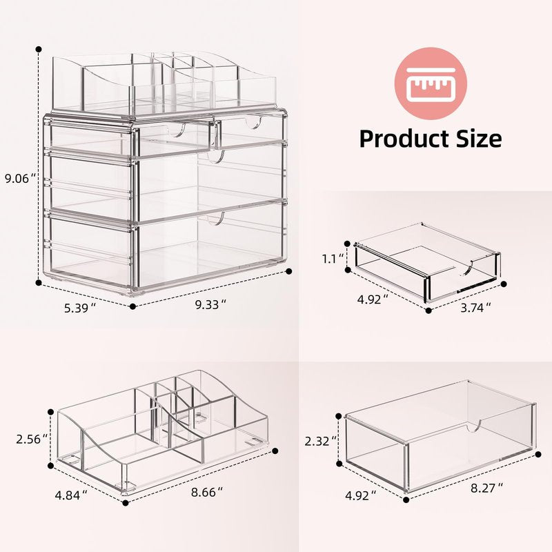 Delamu 4-Tier Clear Makeup Organizer with Drawer, Stackable Acrylic Cosmetic Storage for Bathroom Vanity, Dresser Countertop, Make Up and Jewelry Storage, Beauty Holder for Lipstick Brush Skincare
