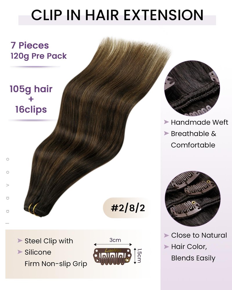 LaaVoo Clip in Hair Extensions Balayage Darkest Brown to Light Brown Balayage Brown Human Hair Clip in Extensions Brown Balayage Hair Extension Clip ins Straights Short Hair 12 Inch 5pcs 80g