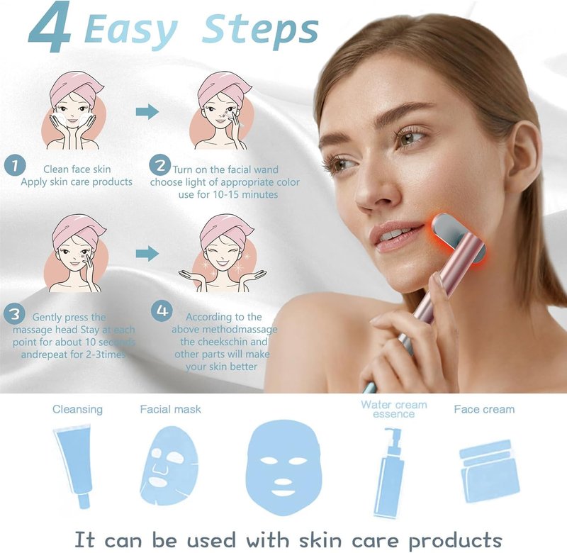LED Facial Light Therapy Wand - 7 Color Eye Beauty Massager for Skin Rejuvenation | Red & Blue Treatment