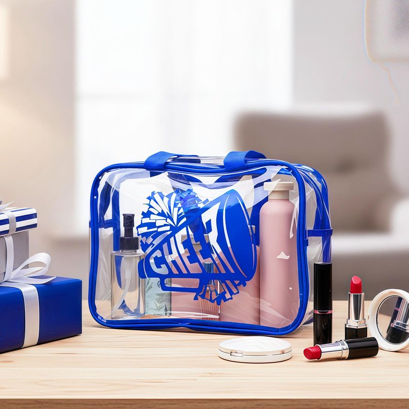 Kacctyen 12 Pcs Cheer Large Clear Toiletry Cosmetic Makeup Bag with Zipper and Handle Cheer Snack Bag Bulk for Team 12 x 9 x 4 Gift Bags Tote Pouch Cheerleading Teammates Party Supplies(Blue)