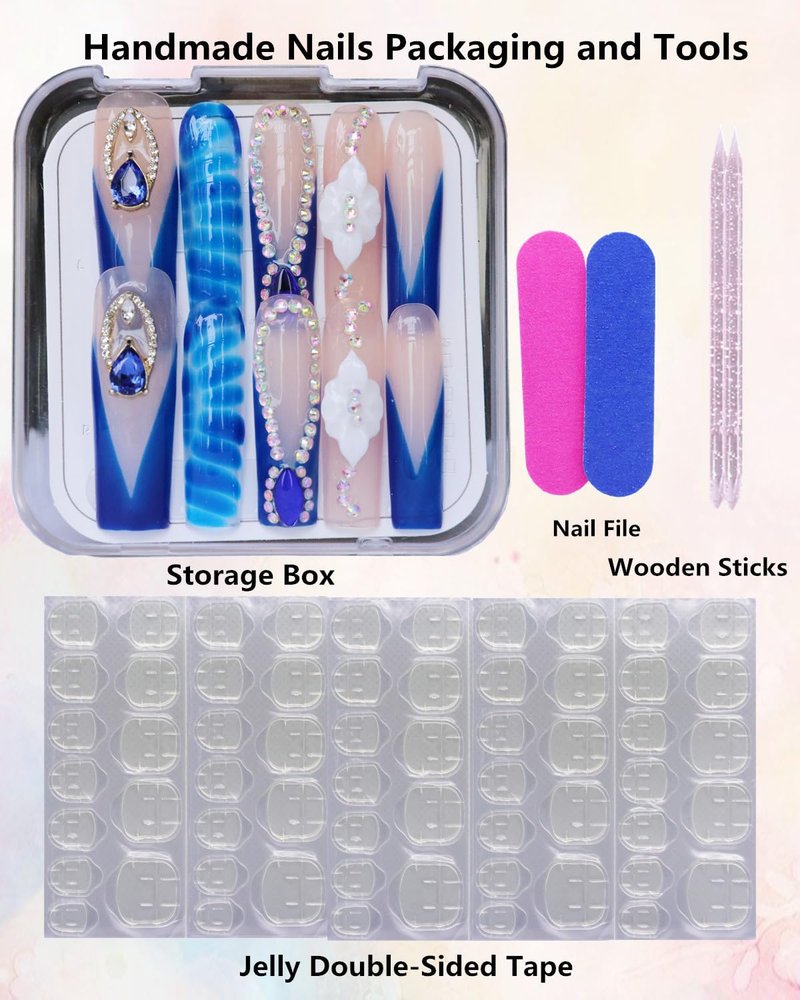 Luxury Handmade Coffin Press-On Nails - Long Length Blue Water Ripple Gem Flower Design | Glossy Full Cover Acrylic, 10pcs