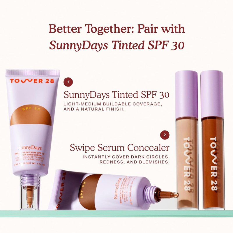 Tower 28 Swipe Serum Concealer - Hydrating Medium-Full Coverage Makeup | Infused with Hyaluronic Acid & Centella - 1.0 Fair/Neutral (0.22 oz)
