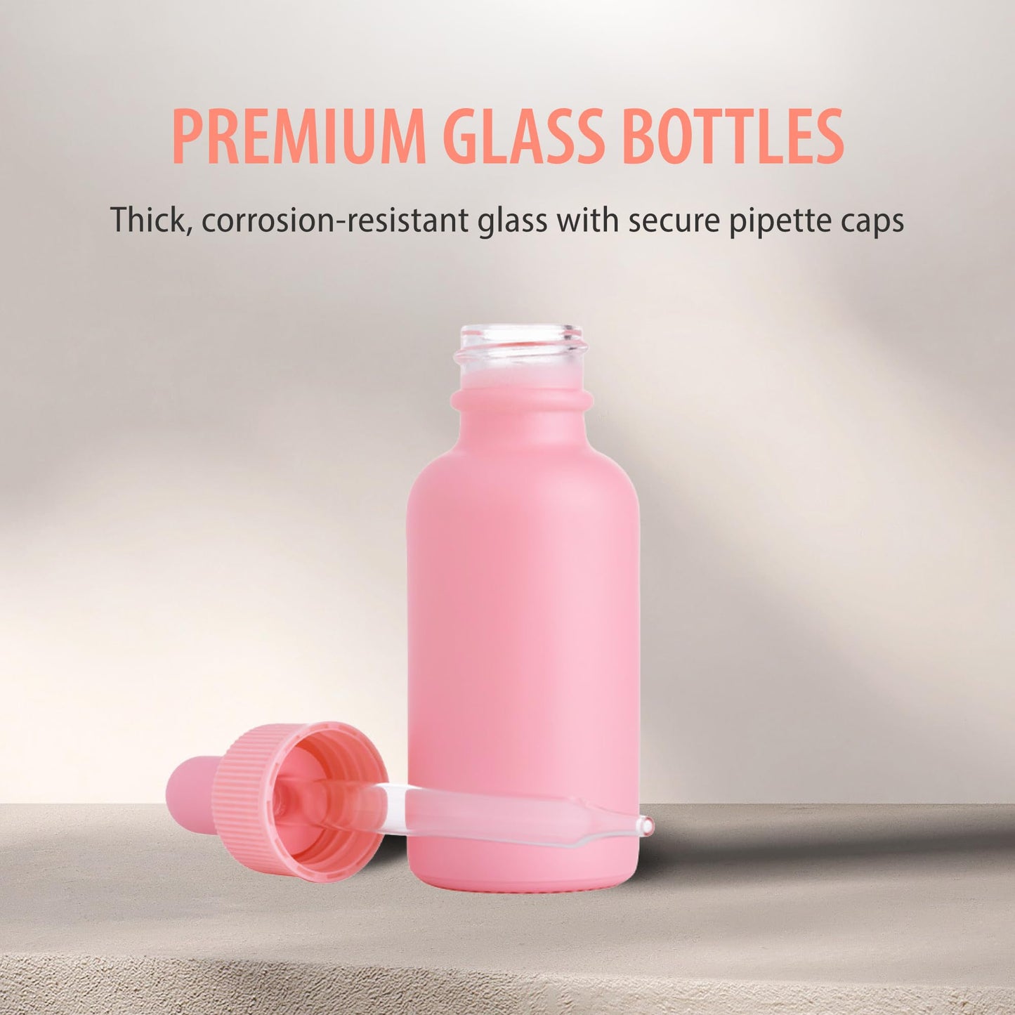 24 Pink Coated 1 oz Glass Boston Round Dropper Bottles For Essential Oils, Aromatherapy and Skin Care