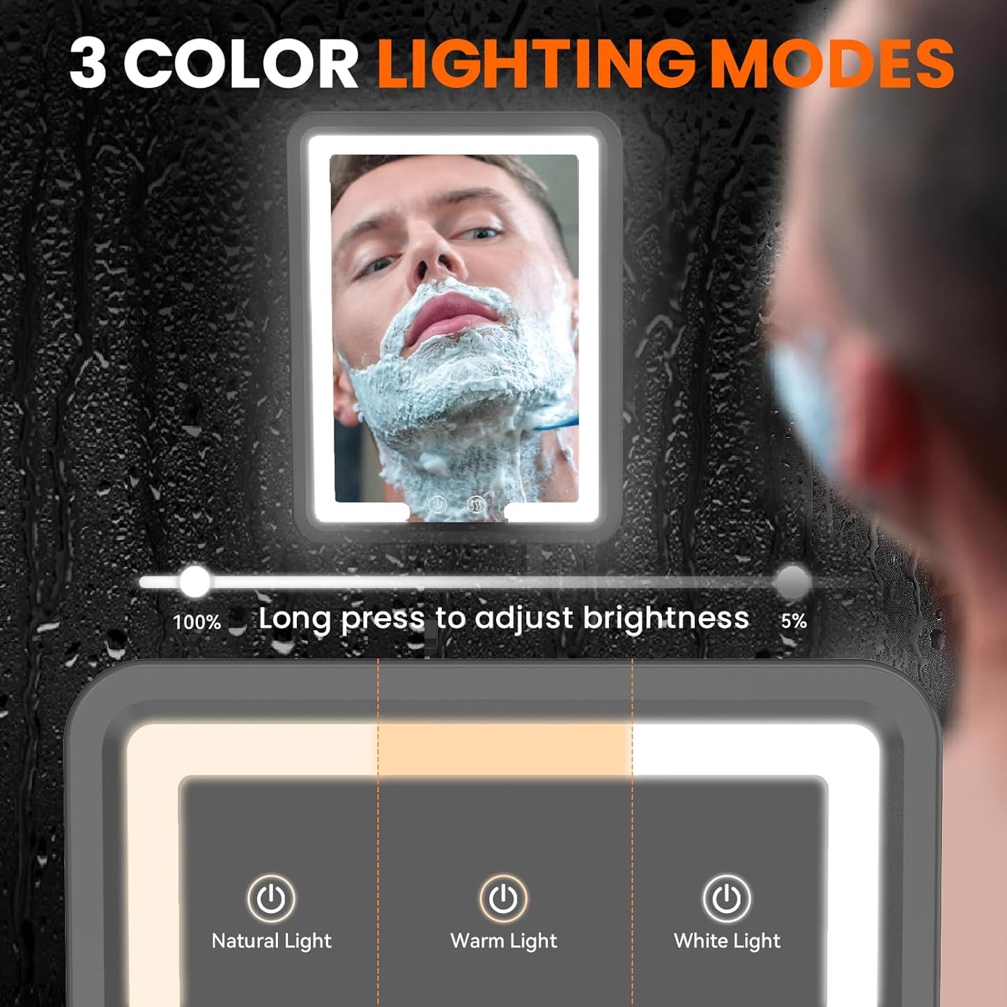 Fogless Heated Shower Mirror - 3-Color Dimmable LED Lights, Rechargeable, Adjustable | Drill-Free with Storage Tray, Black