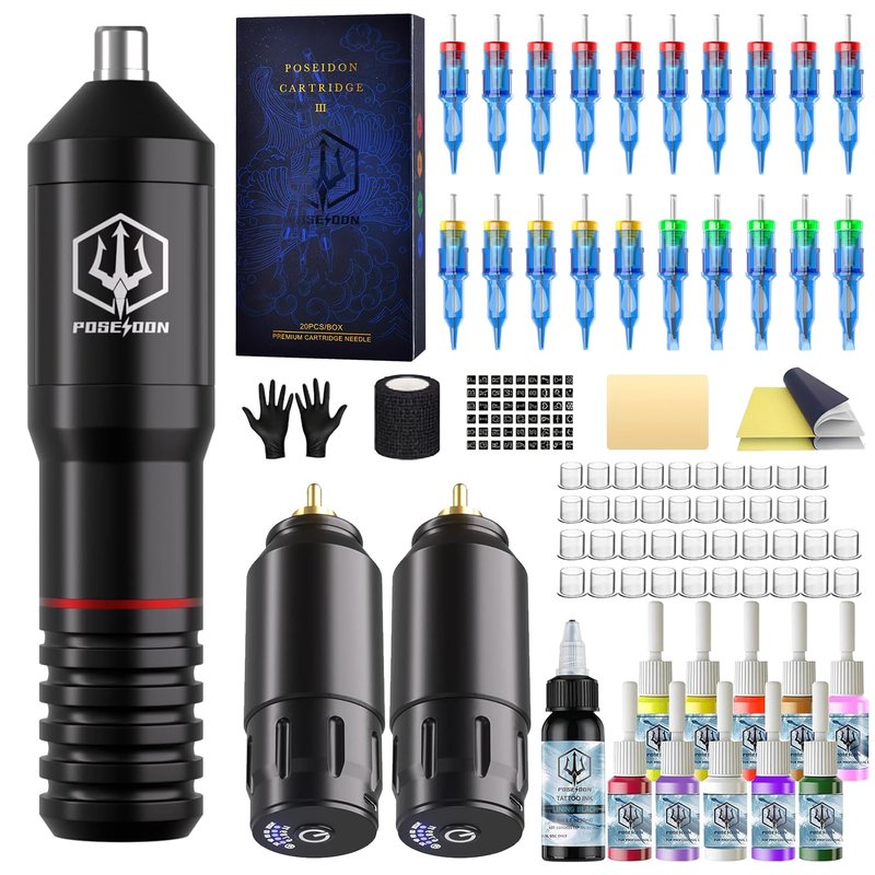 POSEIDON Cordless Rotary Tattoo Machine Kit with 20 Tattoo Cartridge Needles, Ink Set & 2 Rechargeable Batteries | Professional Portable Tattoo Gun for Beginners | Complete Starter Supplies(HM073)