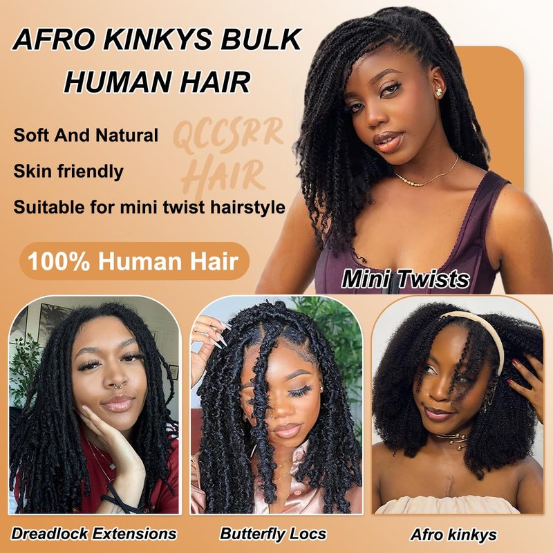 Afro Kinky-Curly Human Hair Bulk - 16 Inch, 50g Pack for Mini Twists, Dreadlocks & Braiding | Natural Black