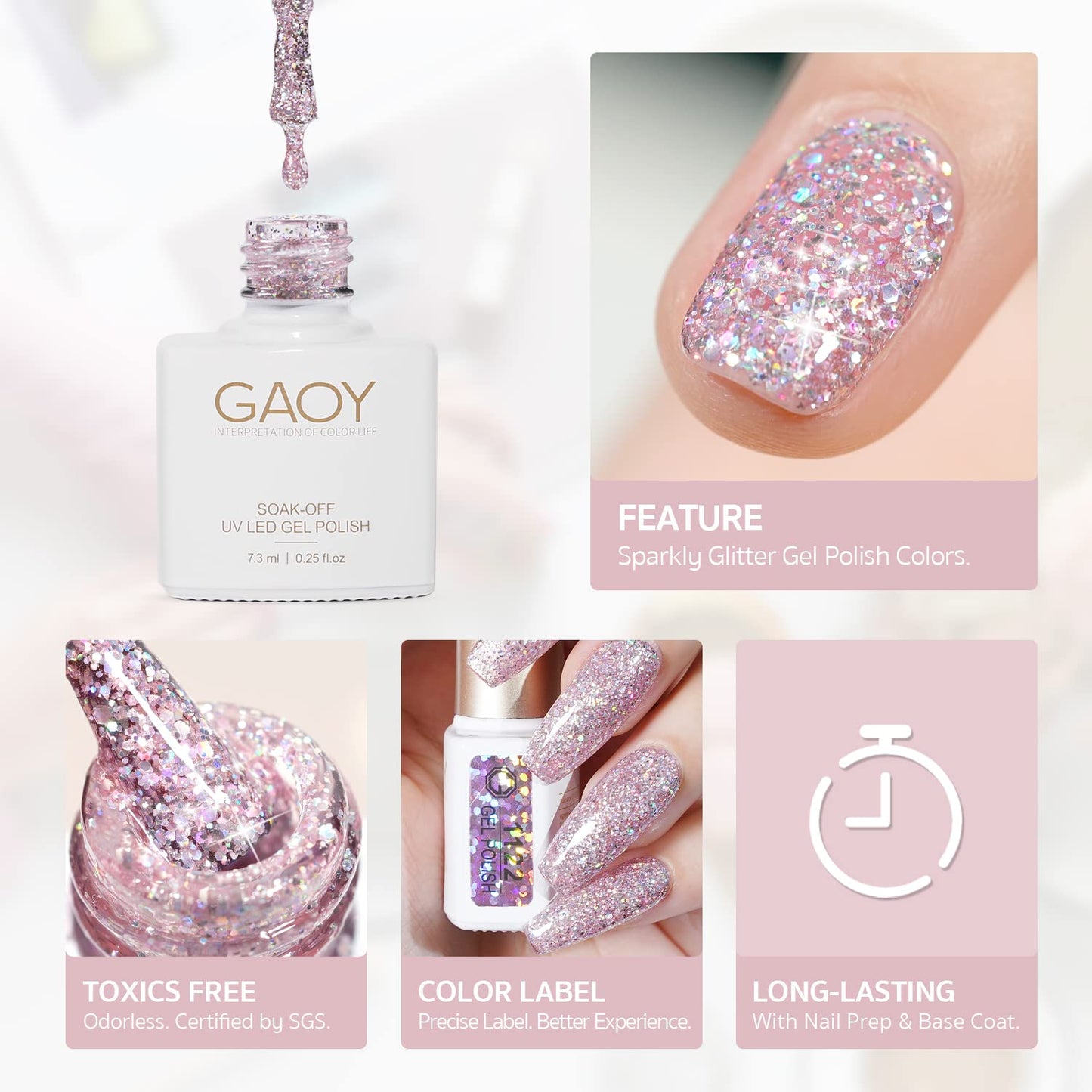 GAOY Chrome Platinum Glitter Nail Polish Set, 6 Colors Including Sparkly Shiny UV LED Soak Off Black Silver Pink Gel Polish Kit Home DIY Manicure Nail Salon Varnish