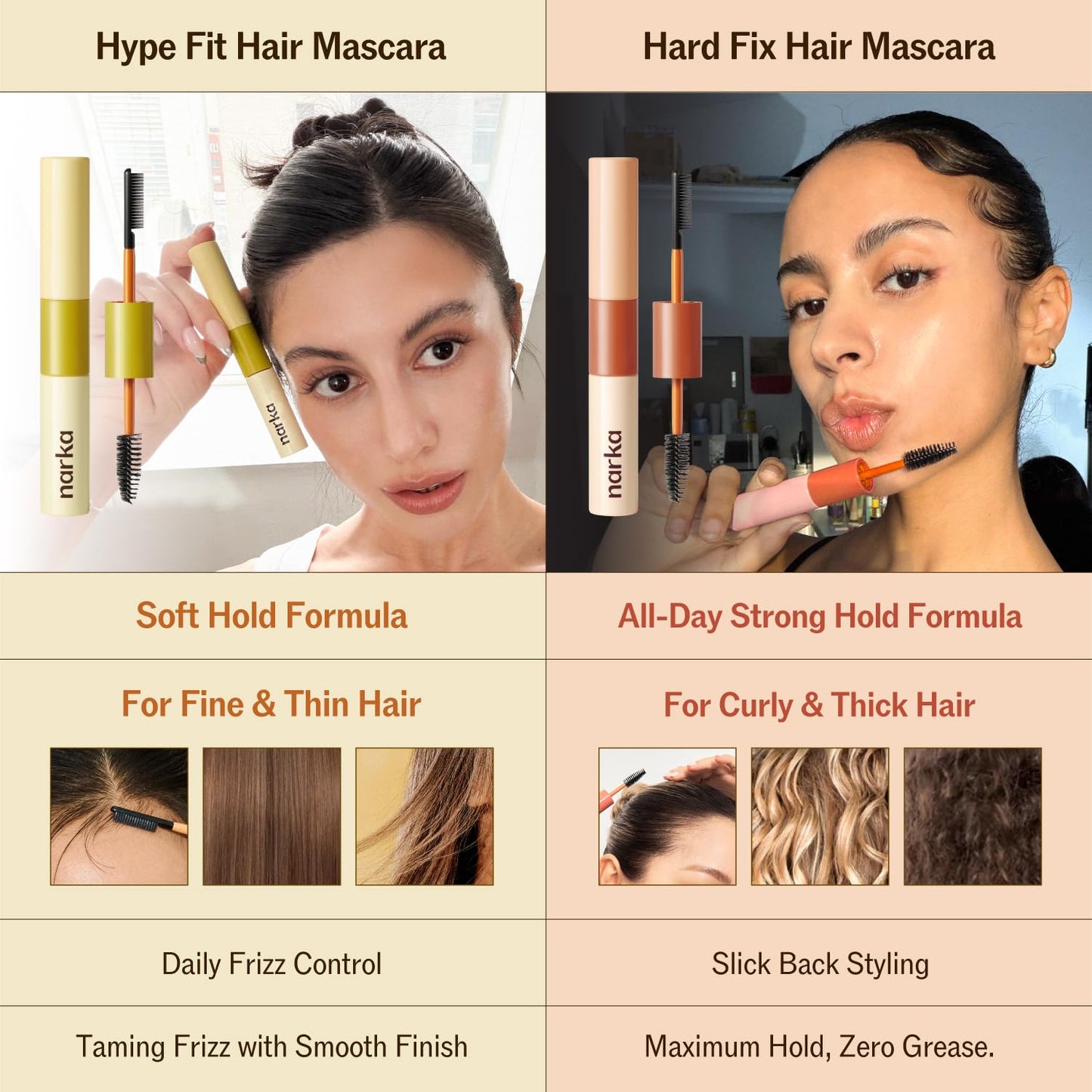 NARKA Hard Fix Hair Mascara for Thick Hair – Fly Away Stick & Strong Hold Taming Wand for Baby Hairs, Dual-Brush Hair Finishing Stick for Slick Back & Updos, Non-Greasy, Easy-Wash