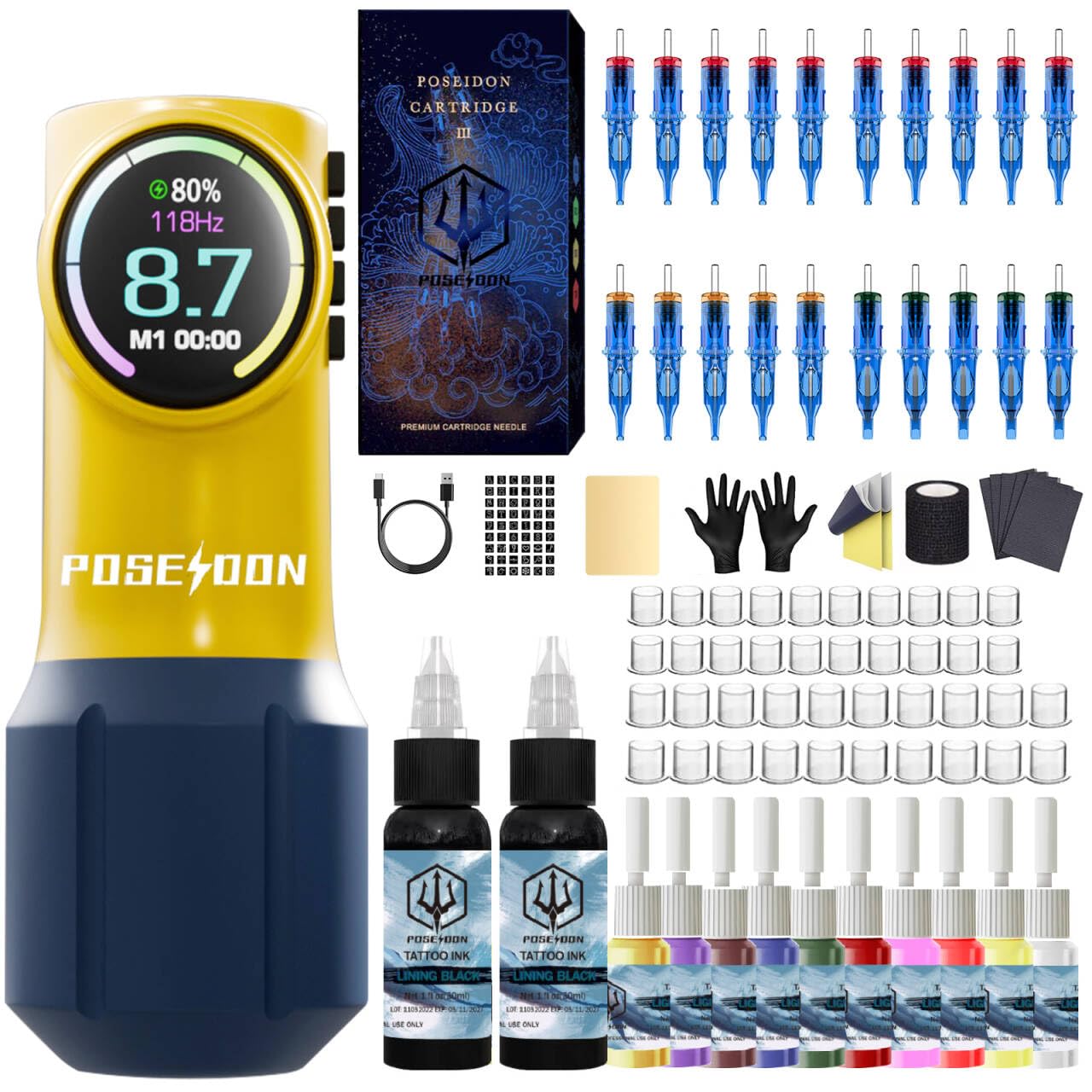 POSEIDON Tattoo Kit, Tattoo Pen Kit, Wireless Rotary Tattoo Gun Kit, LED Color Screen Tattoo Machine Kit with 20 Pcs Tattoo Cartridge Needles and 12 Tattoo Inks, Tattoo Supplies for Beginners