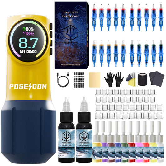 POSEIDON Tattoo Kit, Tattoo Pen Kit, Wireless Rotary Tattoo Gun Kit, LED Color Screen Tattoo Machine Kit with 20 Pcs Tattoo Cartridge Needles and 12 Tattoo Inks, Tattoo Supplies for Beginners