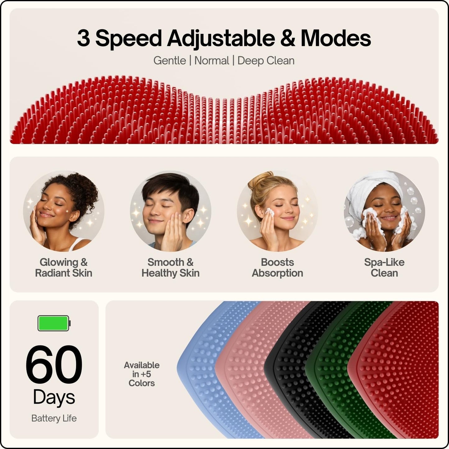 Heart Face Clean Pro⁺ - Electric Silicone Facial Scrubber for Acne with 7000+ Sonic Pulses - IPX7 Waterproof Rechargeable Exfoliator with Slip-Free Grip, 3 Speed Settings & Phthalate-Free - Cherry