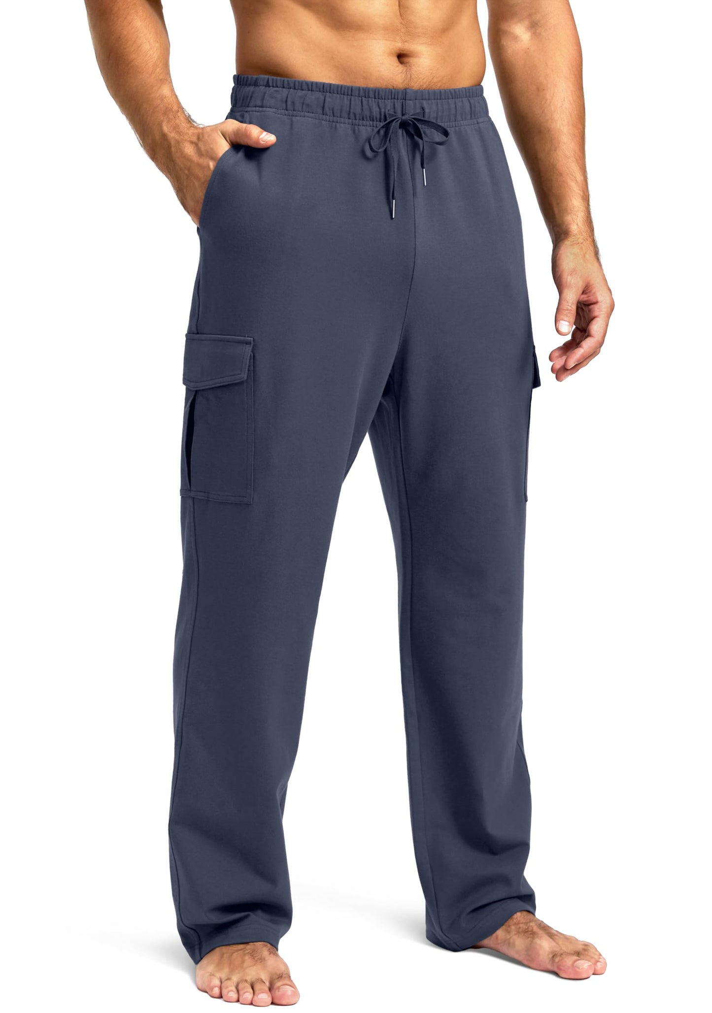 Pudolla Men's Cotton Sweatpants with Cargo Pockets Open Bottom Yoga Pants for Men Lounge Pants for Athletic Workout Casual(Dusty Blue 3X-Large)