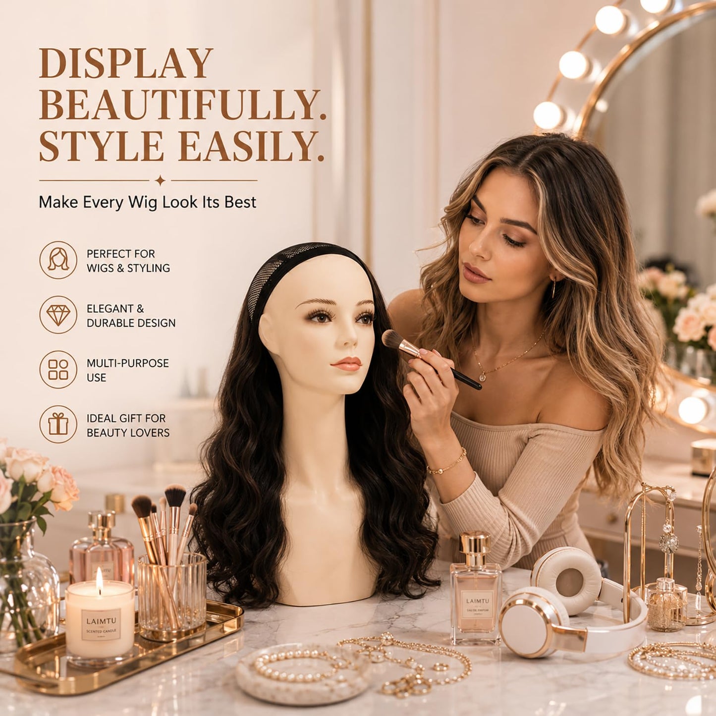 17-inch Female Mannequin Head Form with Eyelashes and Lips Display Stand for Wigs, Hats, Jewelry