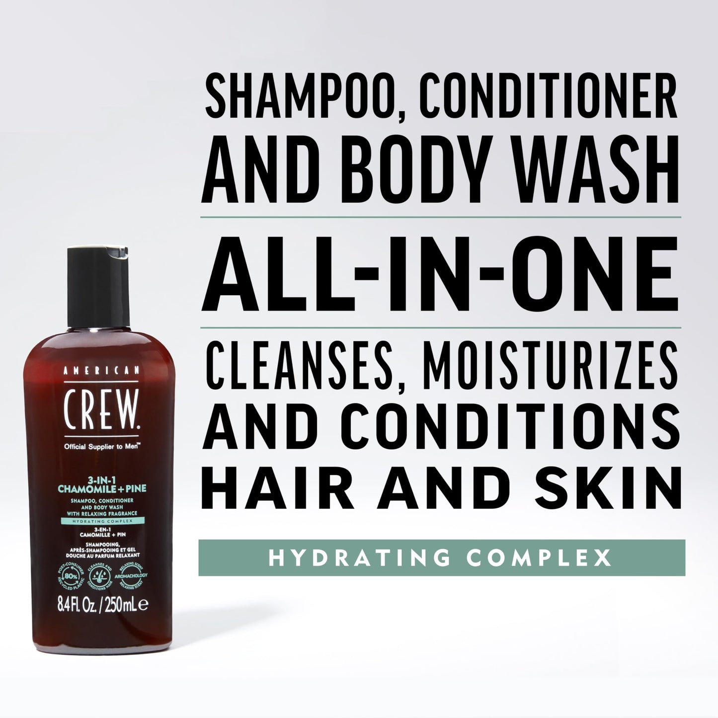 AMERICAN CREW 3-in-1 Chamomile & Pine, Shampoo, Conditioner & Body Wash for Men, All-in-One Care with Calming and Relaxing Fragrance, 33.8 fl oz