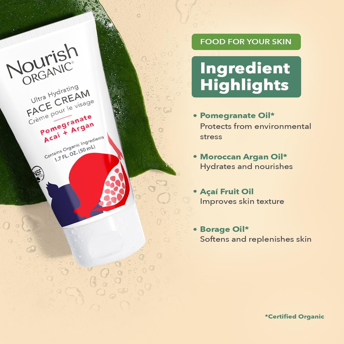 Nourish Organic Face Cream - Ultra Hydrating Pomegranate Acai & Argan | 1.7 Oz with Aloe Vera & Green Tea Extract