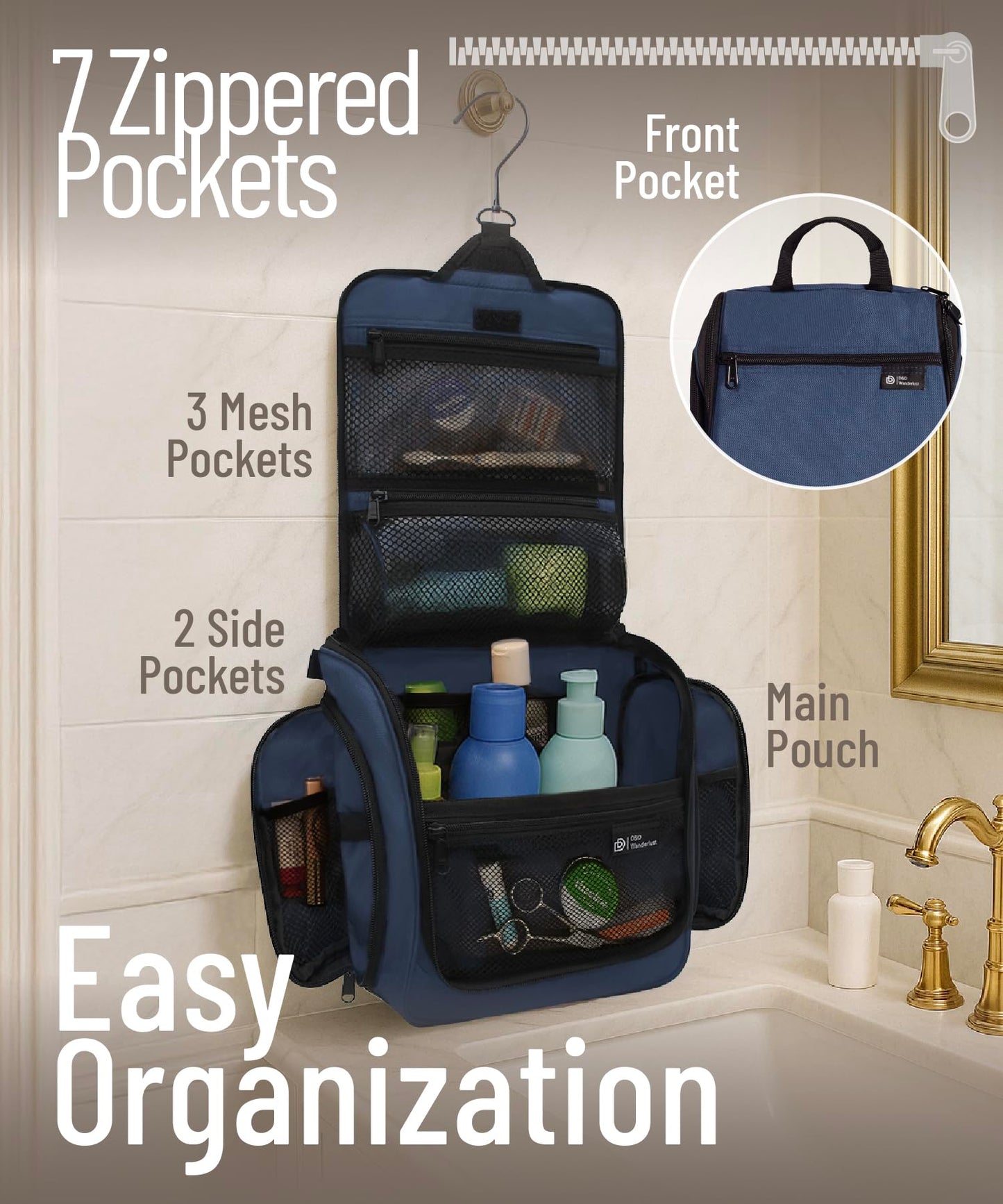 DD D&D Wanderlust D&D Hanging Toiletry Bag - Designer Travel Organizer for Makeup and Toiletries for Men and Women - Hang Case for Cosmetics and Toilet Accessories with Metal Swivel Hook