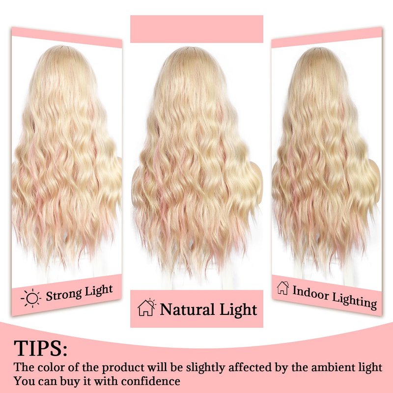 SAPPHIREWIGS Blonde Wig with Bangs Long Loose Wavy Wig Highlight Pink Hair Synthetic Heat Resistant Fiber Hair for Women Daily Party Use 26inch