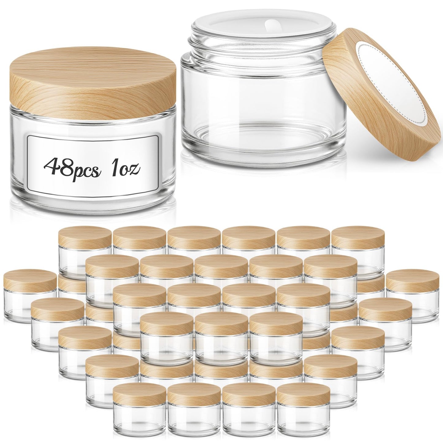 1 oz Glass Jars with Plastic Woodgrain Lids, Bumobum 48 pack Round Clear Cream Jars with Black and White Labels & Inner Liners, Empty Cosmetic Containers for Cream, Lotion, Ointment