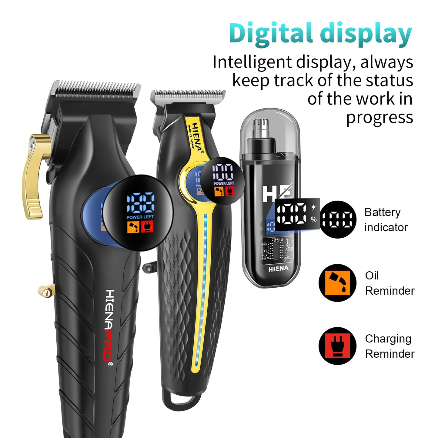 HIENA PRO Professional Hair Clippers for Men, Electric Hair Clipper Set for Barber Kit ，Hair Clipper and Trimmer Set，Full Barber Clipper Set with LED Display Gifts Mens (Gold)