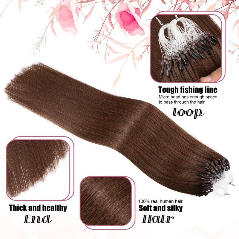 Kpvxxve Micro Beads Hair Extensions Real Human Hair Brown Micro Loop Human Hair Extensions 16 Inch #4 Straight Remy Human Hair Micro Link Hair Extension 1g/Strand 50g