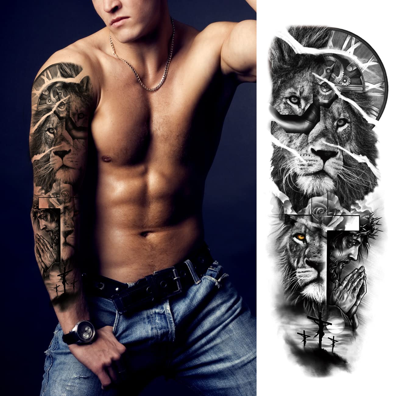 Lion Tattoo Stickers - 4-Sheet Full Sleeve & 5-Sheet Half Arm Temporary Tattoos for Adults & Kids | Bold Designs