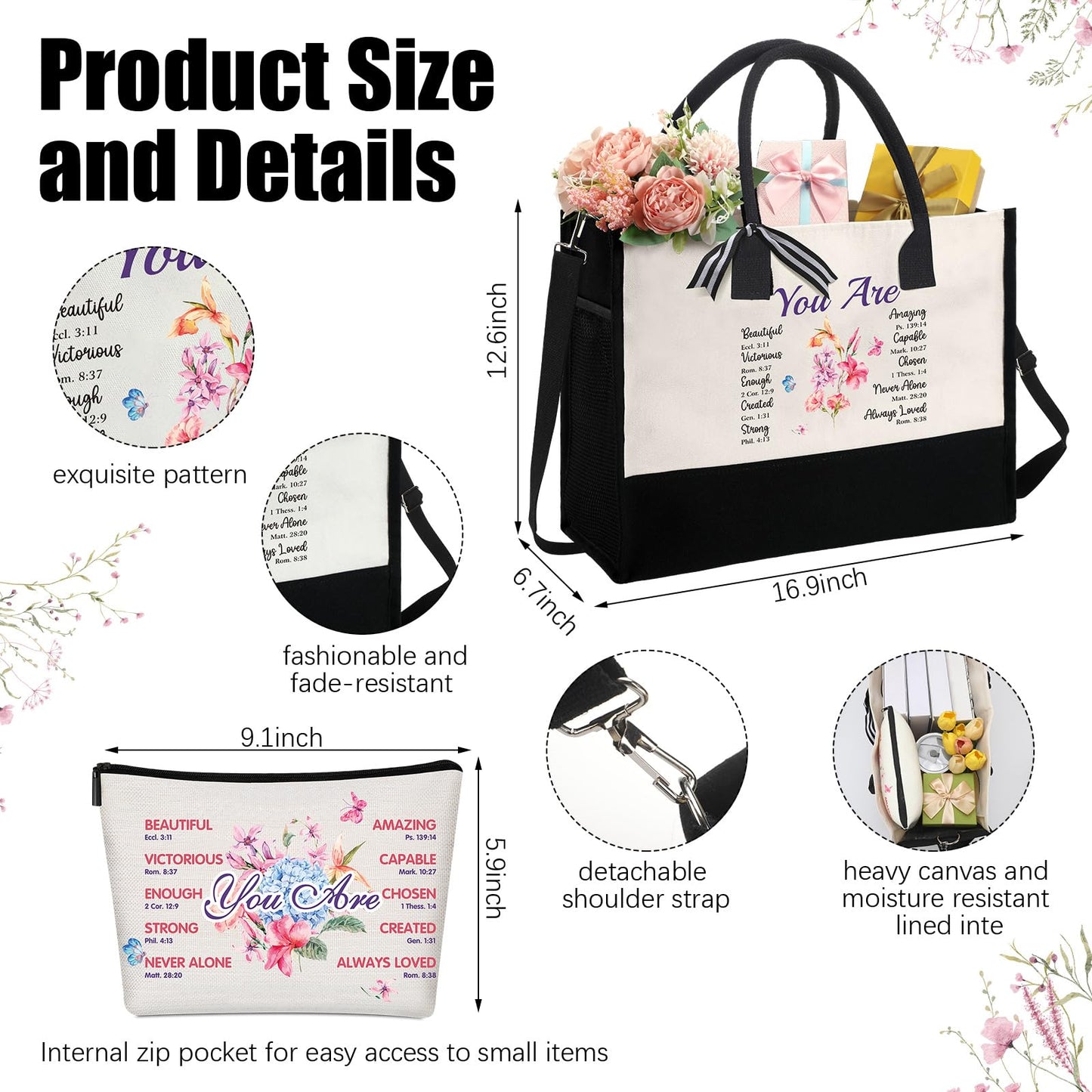 Aliceset 4 Pcs Christian Inspirational Gifts Set for Women Include Tote Bag Makeup Bag 20 oz Stainless Steel Tumbler Keychain(Sunflower)