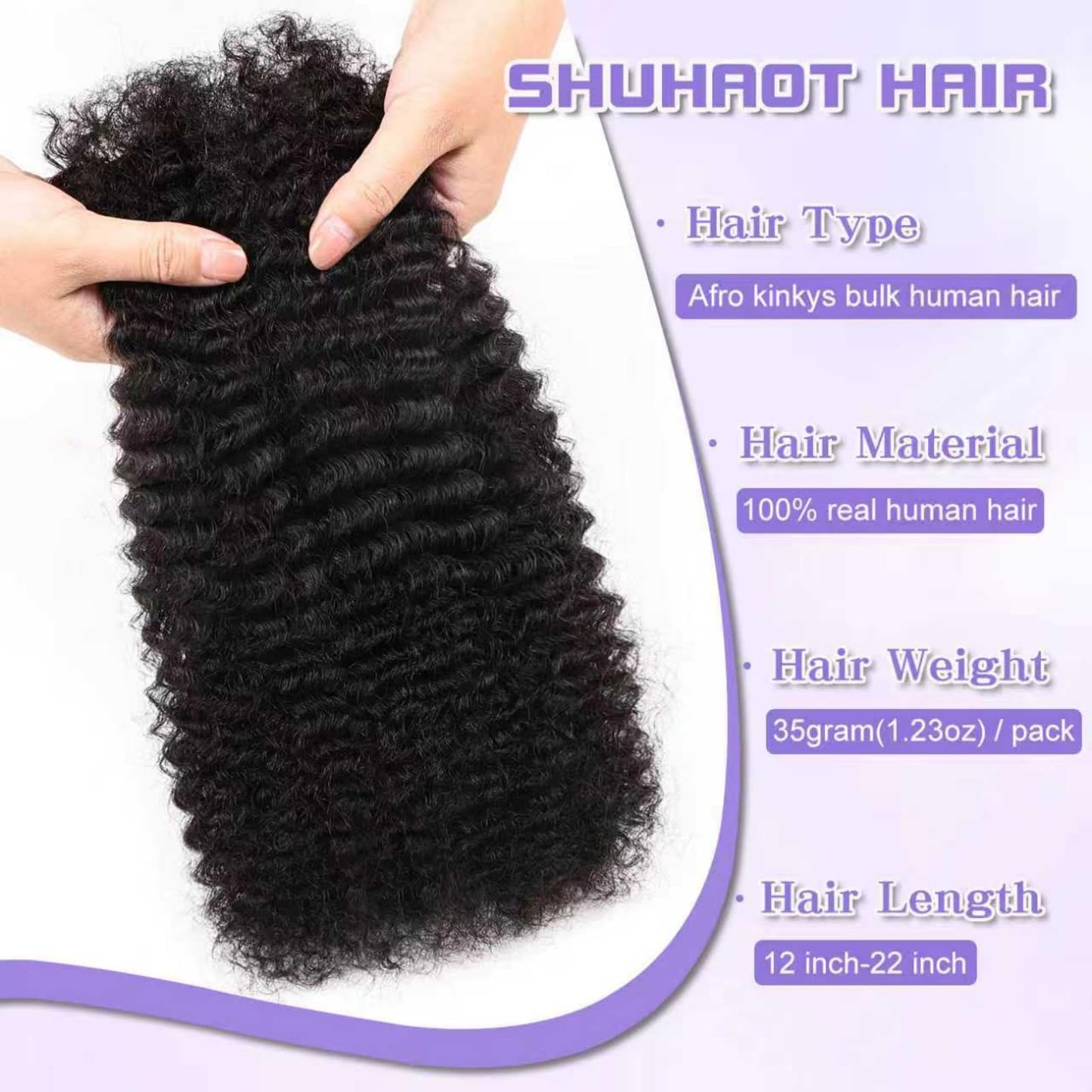 Afro Kinkys Bulk Human Hair For Braiding Soft 4c Afro Kinky-Curly Human Hair For Mini Twists,Dreadlocks Extensions,Repair Locs,Micro Locs Extension,Human Braiding Hair 18inch(1B,35g/pack)