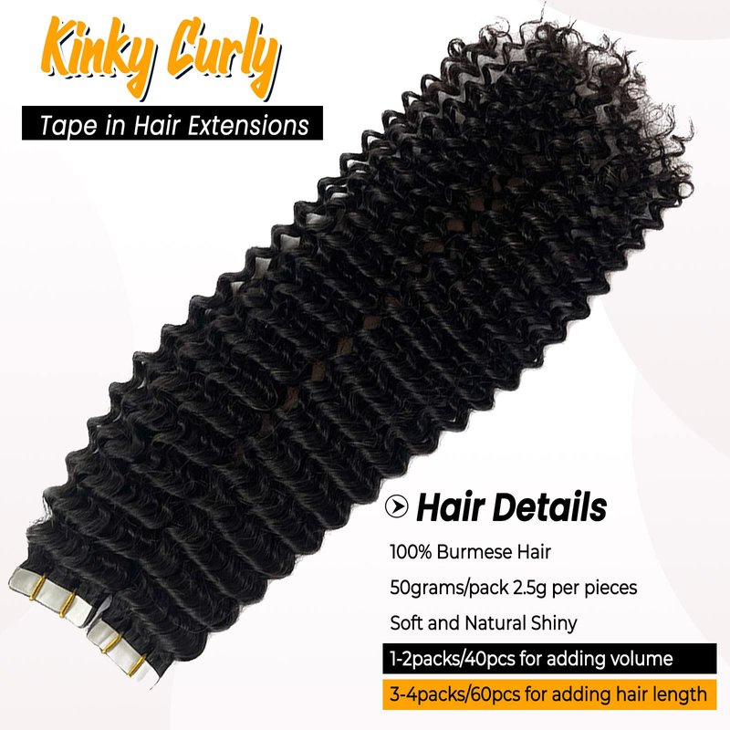 Curly Tape ins 20 pcs Kinky Curly Tape in Hair Extensions Human Hair Natrual Black for Women 18 Inch 50G
