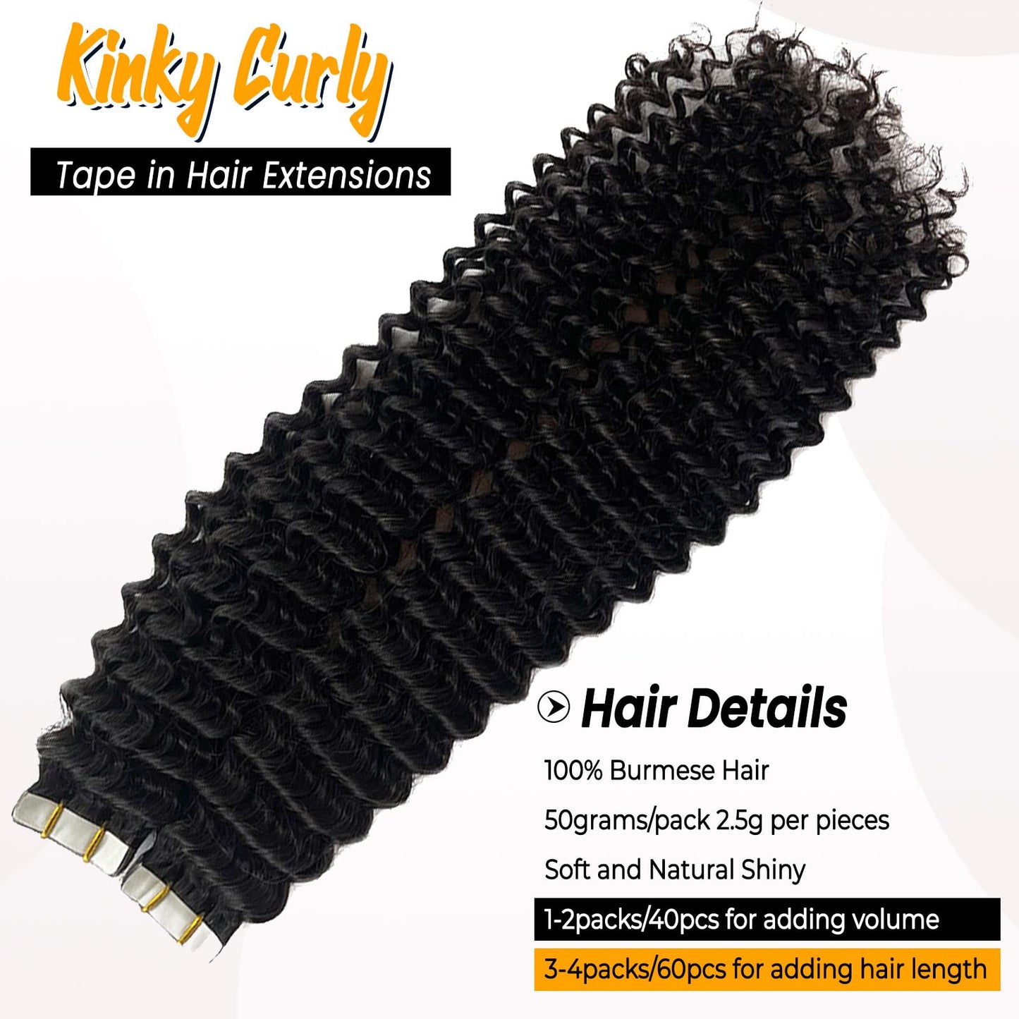 Curly Tape ins 20 pcs Kinky Curly Tape in Hair Extensions Human Hair Natrual Black for Women 18 Inch 50G