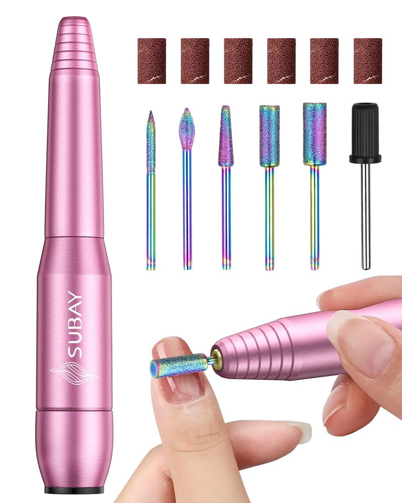 Electric Nail Drill - Portable Manicure & Pedicure Tool for Acrylic Gel Nails | 6 Bits & 26 Sanding Bands - Pink