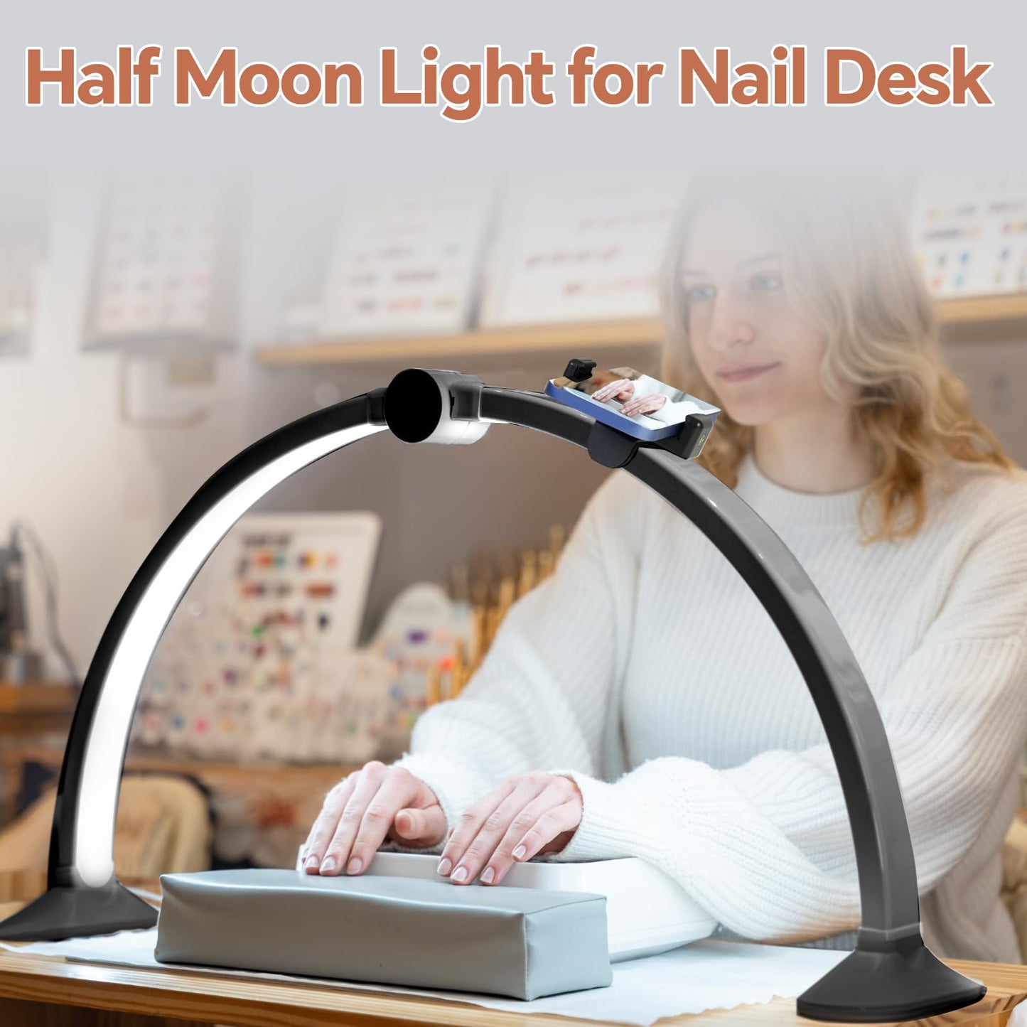 Yesibeike Half Moon Light for Nail Desk with Phone Stand,28 Inches 48W, 3 Color Temperature Adjustable & Dimmable for Eyelash Tech, Makeup, Tattoo, Spa, Salon，Manicure Nail Art Fill Light(Black)