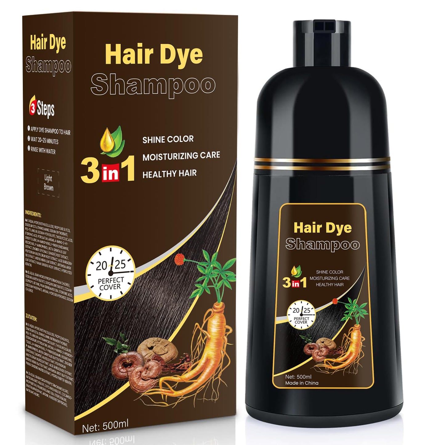 YOURTONE Light Brown Hair Dye Shampoo 3 in 1, Hair Color Shampoo for Gray Hair Coverage for Women Men, Herbal Formula, Lasts up to 30 Days (16.9 Fl Oz)