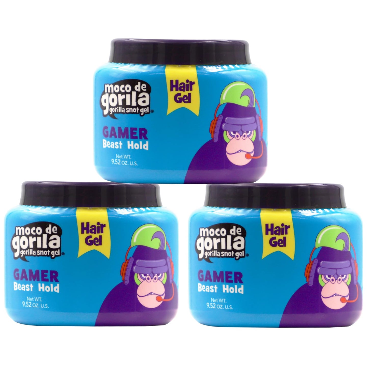 Moco de Gorila Gamer Hair Styling Gel, Gives Your Hairstyle a Long-Lasting Effect, Reactivate with Water, High Fixation, 9.52 Oz Jars (Pack of 3)