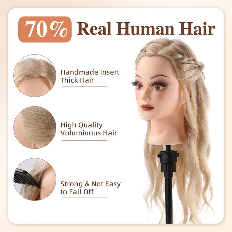 Human Hair Mannequin Head - 70% Real Hair Cosmetology Practice Doll for Hair Styling & Braiding