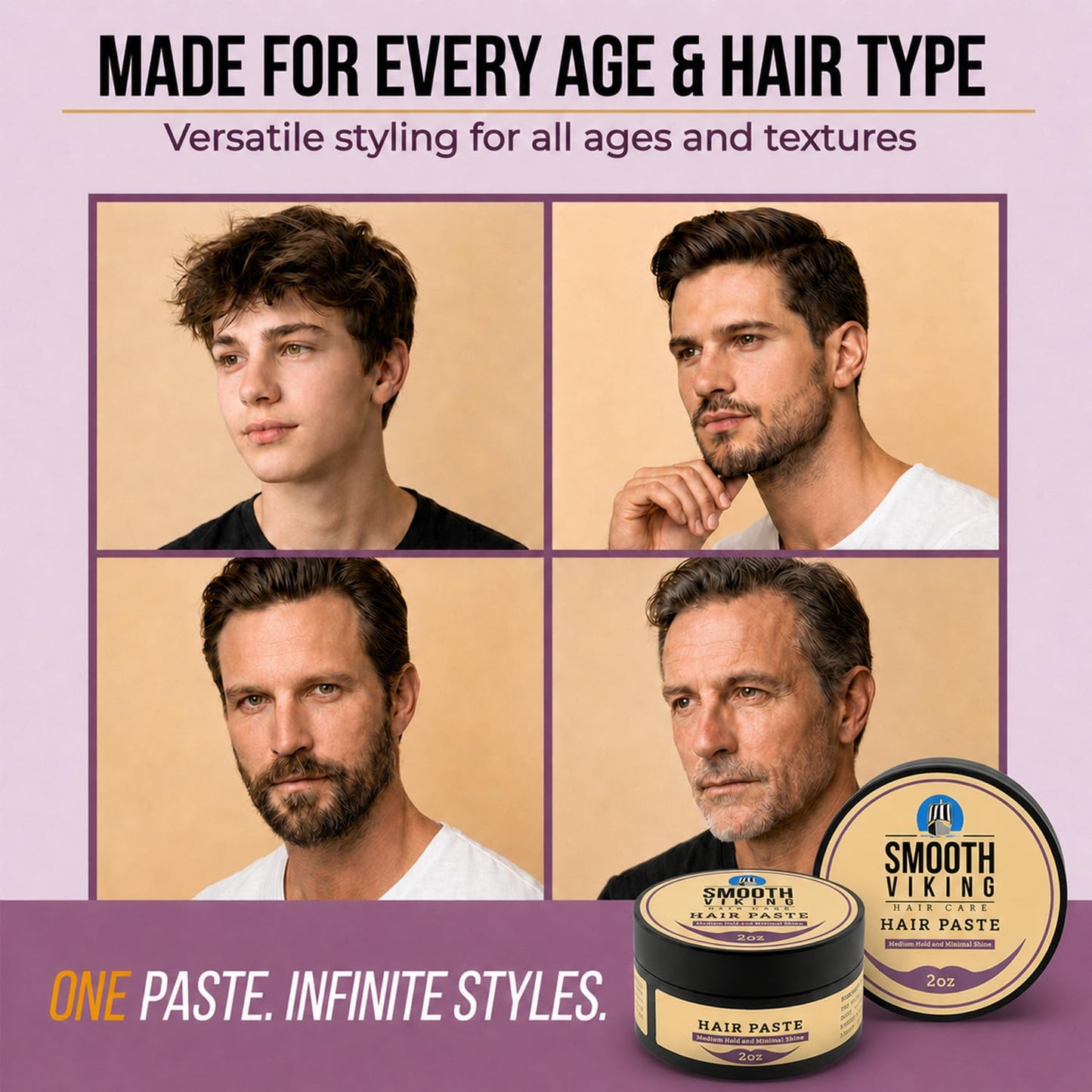 Smooth Viking Hair Paste for Men - Natural Matte Styling Paste for Textured Messy Hairstyle Hair Cream, Hair Styling Cream with Minimal Shine & Medium Hold Hair Products for Men, Made in USA, 2oz