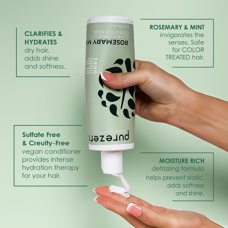 Purezero Rosemary Mint Clarifying Silicone Free Shampoo & Conditioner Set – Vegan Duo for Balanced Scalp, Build-Up Removal & Fresh Minty Finish – Sulfate-Free, Paraben-Free, Cruelty-Free, 2×12 oz