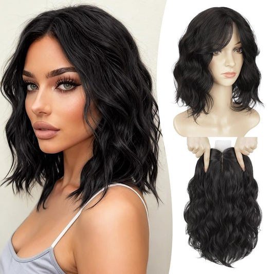 Lommel Hair Toppers for Women 12 Inch Short Wavy Hair Topper with Thinning Hairs Natural-Looking Wiglett Lightweight & Add Volume Hairpiece for White Roots Cover for Daily(Natural Black)